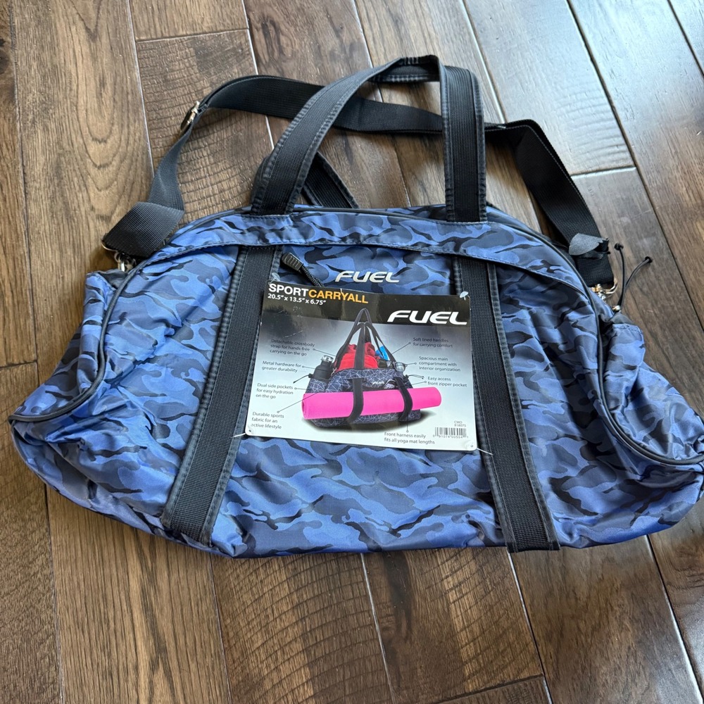 Fuel Sport Carryall Blue Camo Duffel Bag Yoga Mat Harness Gym Travel Bag NEW